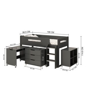 Dimension diagram of the Kudl anthracite mid sleeper: 198 cm long, 98.5 cm wide and 114.8 cm high, with desk, chest and bookcase sizes
