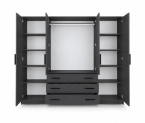 Graphite Matt Bali 240cm wardrobe with the doors open, showing shelves and centre hanging space