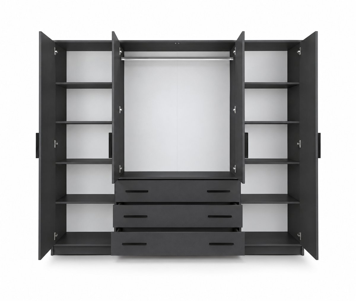 Graphite Matt Bali 240cm wardrobe with the doors open, showing shelves and centre hanging space