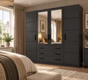 Bali 240cm wardrobe in Graphite Matt in a bedroom with a bay window