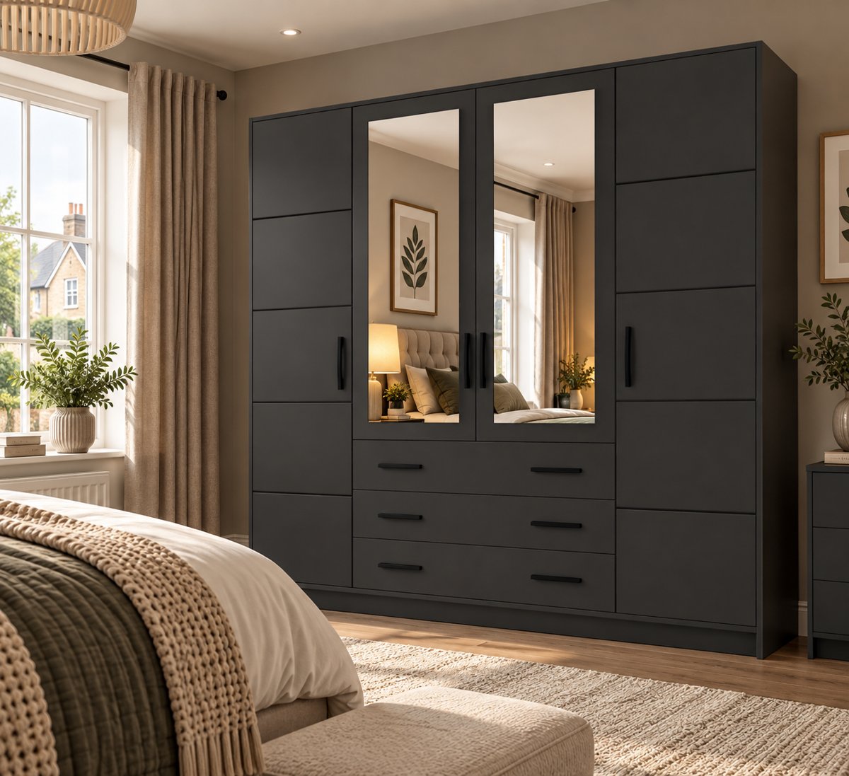 Bali 240cm wardrobe in Graphite Matt in a bedroom with a bay window