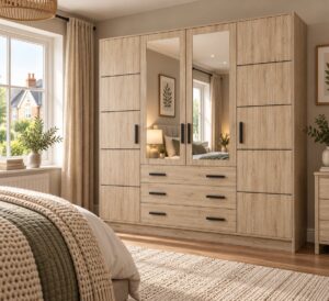 Bali 240cm wardrobe in Oak Sonoma in a light bedroom