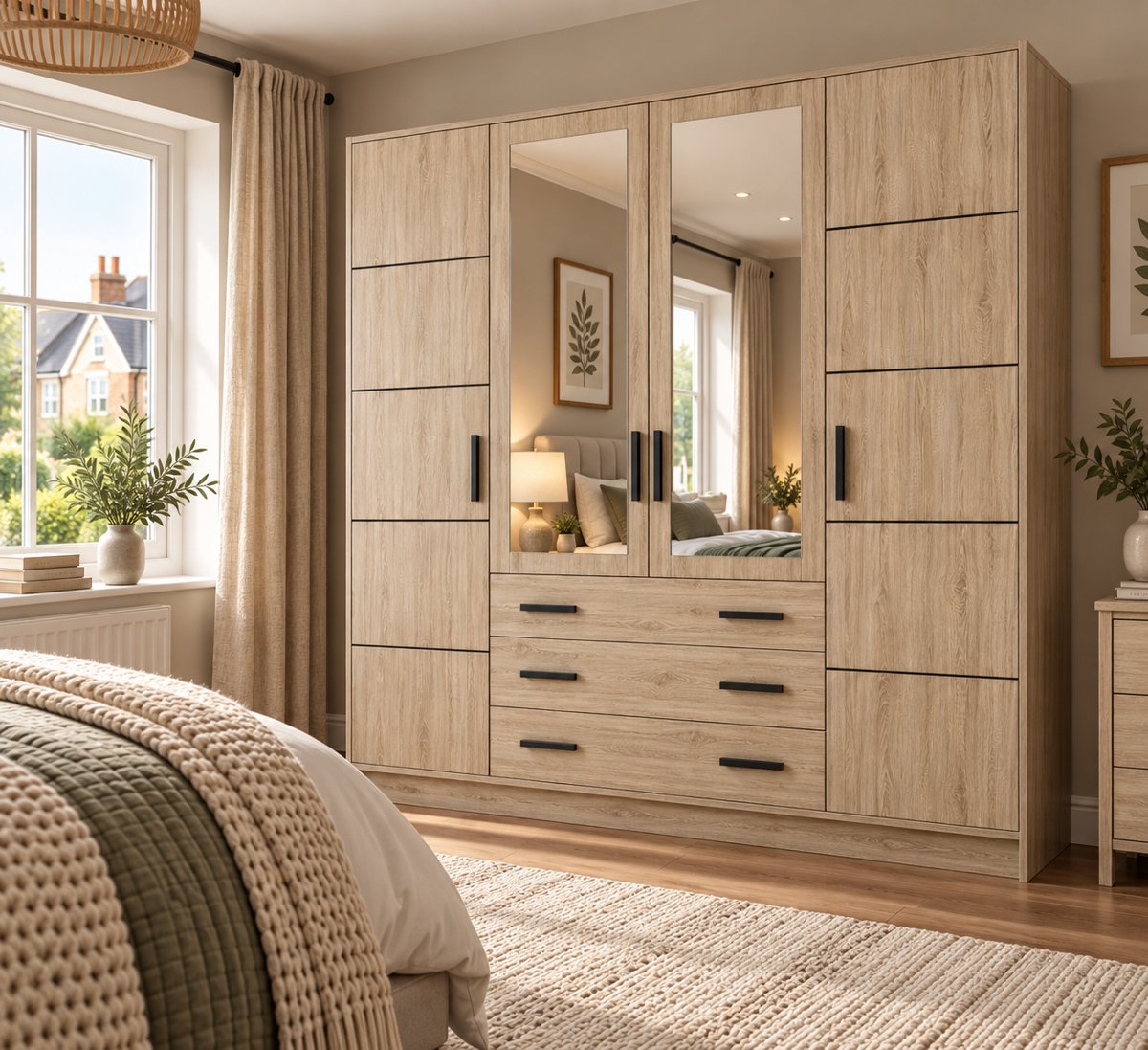Bali 240cm wardrobe in Oak Sonoma in a light bedroom