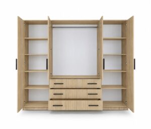 Oak Sonoma Bali 240cm wardrobe open, with drawers pulled out and shelves either side