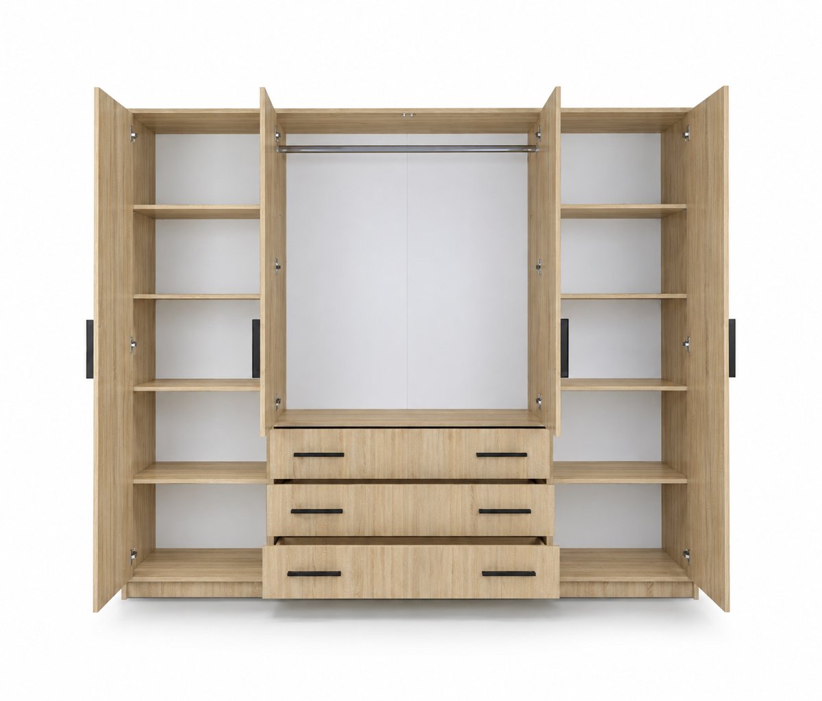 Oak Sonoma Bali 240cm wardrobe open, with drawers pulled out and shelves either side