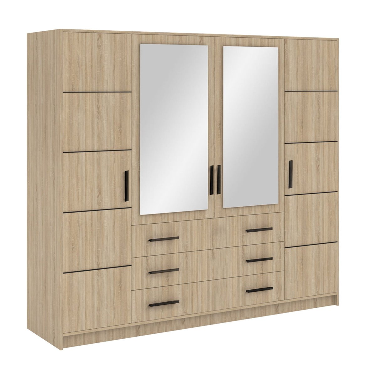 Bali 240cm wardrobe in Oak Sonoma on a white background with black handles