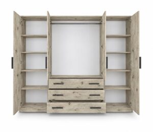 Oak Wellington Bali 240cm wardrobe open, showing the interior shelves, rail and drawers