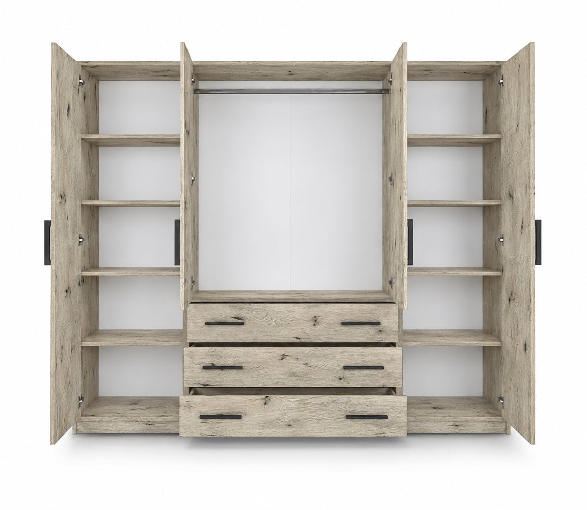 Oak Wellington Bali 240cm wardrobe open, showing the interior shelves, rail and drawers