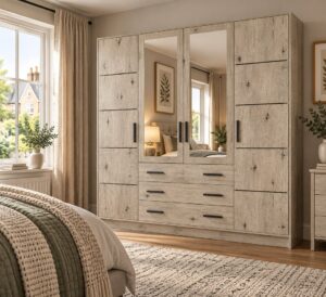 Bali 240cm wardrobe in grey-washed Oak Wellington in a bedroom