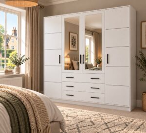 Bali 240cm wardrobe in White Matt in a bedroom, two mirrored doors above three wide drawers