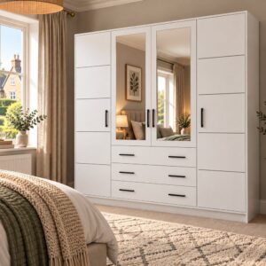 Bali 240cm wardrobe in White Matt in a bedroom, two mirrored doors above three wide drawers