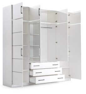 White Matt Bali 240cm wardrobe at an angle with doors open and drawers pulled out