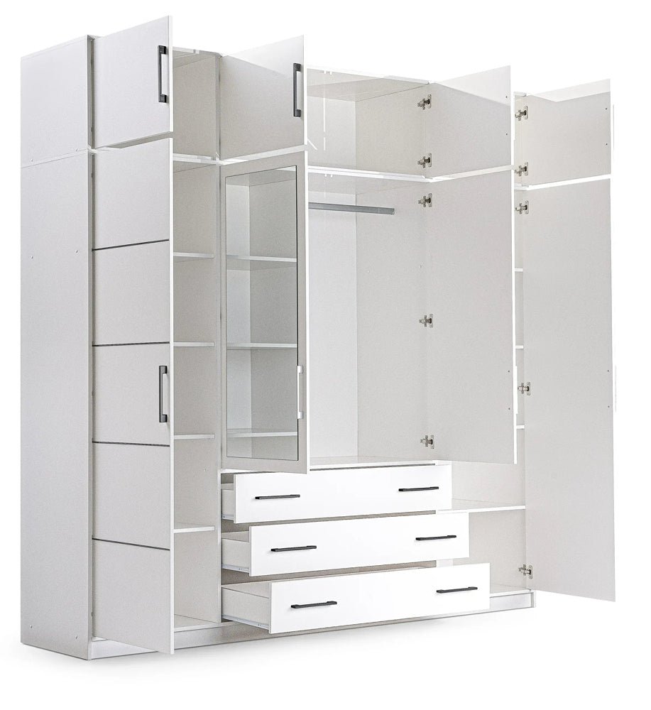 White Matt Bali 240cm wardrobe at an angle with doors open and drawers pulled out