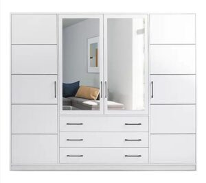 Front view of the Bali 240cm wardrobe in White Matt with black bar handles
