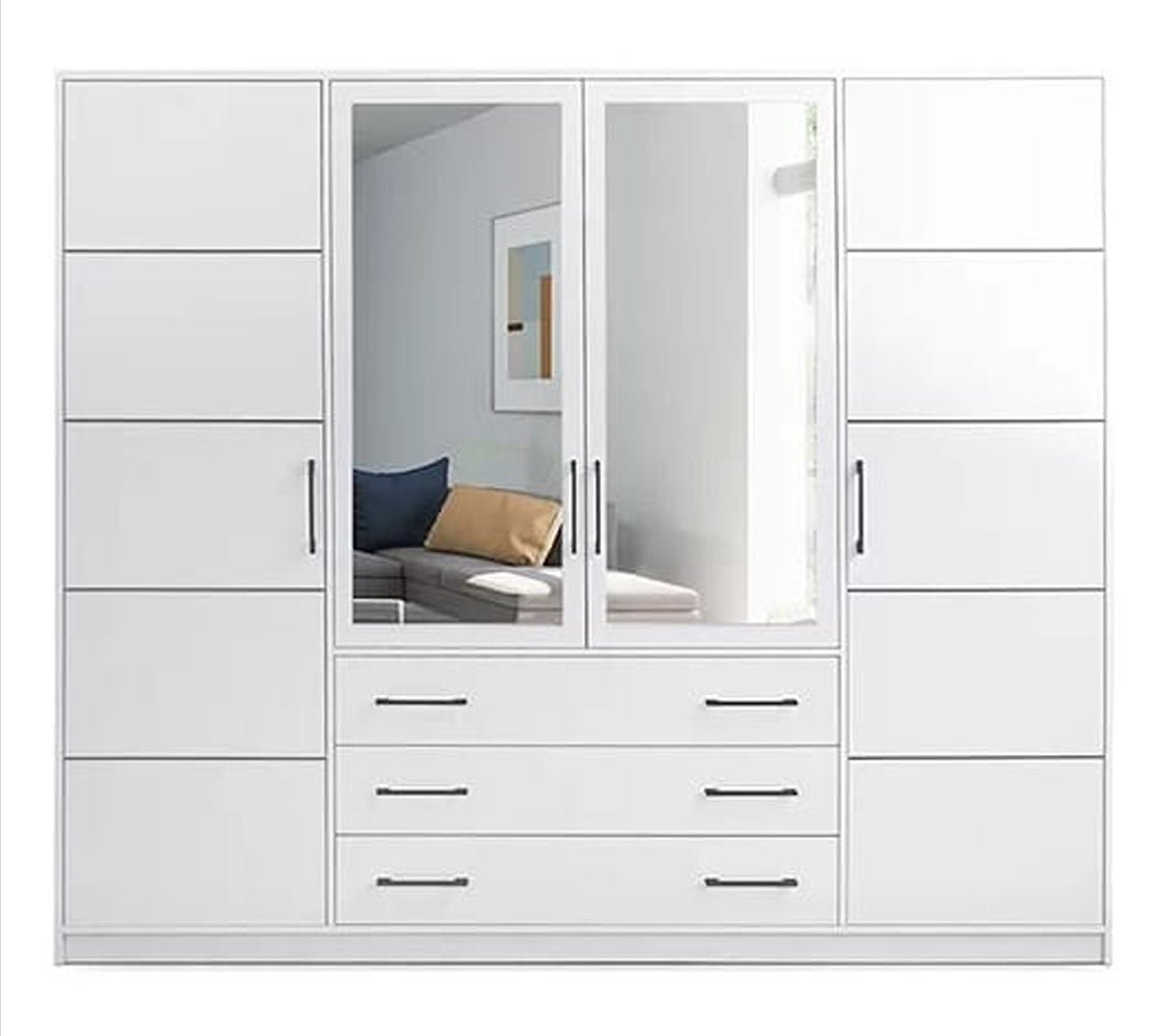 Front view of the Bali 240cm wardrobe in White Matt with black bar handles