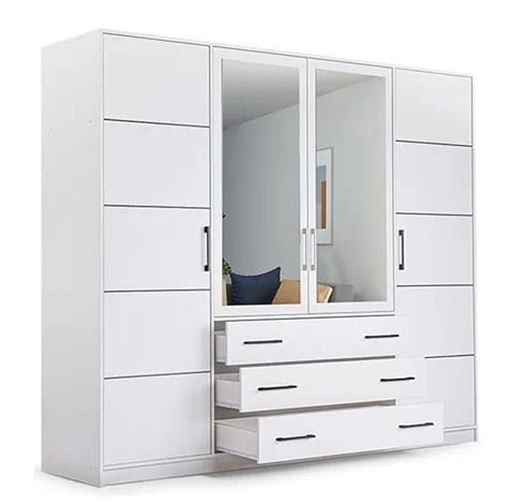 Bali 240cm wardrobe in White Matt with the three centre drawers open