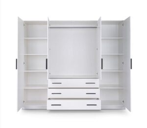 Bali 240cm wardrobe in White Matt with all four doors open: hanging rail in the centre, shelves each side
