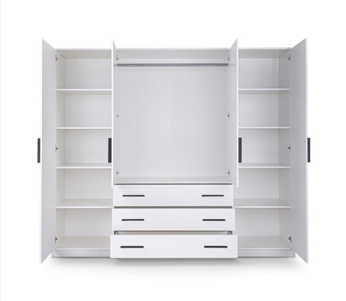 Bali 240cm wardrobe in White Matt with all four doors open: hanging rail in the centre, shelves each side