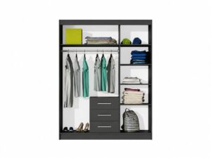 Interior layout of the Graphite Matt Bali 3 door wardrobe with clothes on the rail and folded items on the shelves
