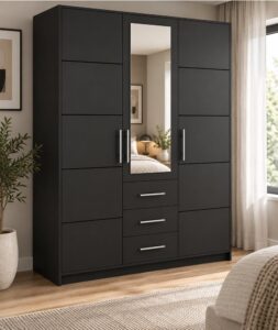 Bali 3 door wardrobe in Graphite Matt in a bedroom with a full-length centre mirror