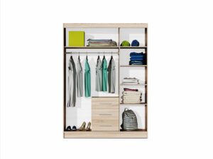 Interior layout of the Oak Sonoma Bali 3 door wardrobe showing hanging space, drawers and shelves