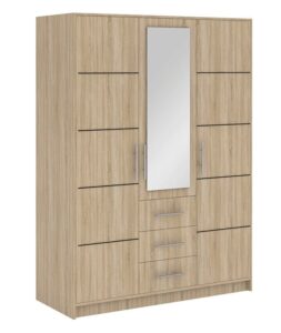 Bali 3 door wardrobe in Oak Sonoma on a white background with black groove lines across the doors