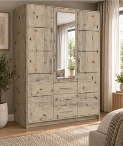 Bali 3 door wardrobe in grey-washed Oak Wellington in a bedroom setting