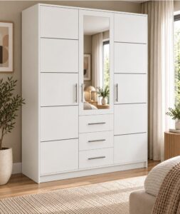 Bali 3 door wardrobe in White Matt in a bedroom, centre mirrored door over three drawers