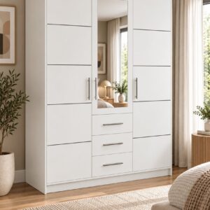 Bali 3 door wardrobe in White Matt in a bedroom, centre mirrored door over three drawers
