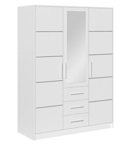 Bali 3 door wardrobe in White Matt on a white background, showing the grooved door panels and silver handles