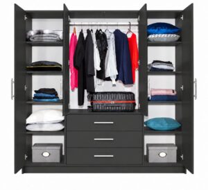 Graphite Matt Bali 4 door wardrobe open, showing hanging clothes, folded items and storage boxes on the shelves
