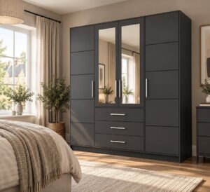 Bali 4 door wardrobe in Graphite Matt in a bedroom next to a window