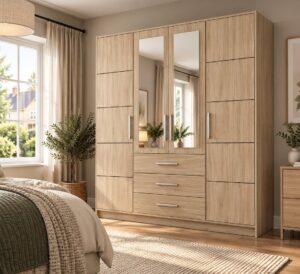 Bali 4 door wardrobe in light Oak Sonoma in a bedroom with a knitted throw on the bed