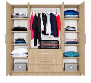 Oak Sonoma Bali 4 door wardrobe open, showing the two shelf columns and centre hanging space