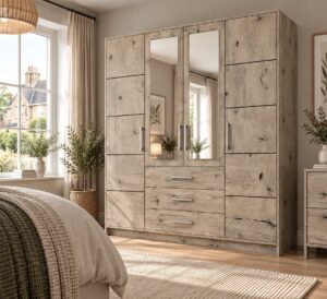 Bali 4 door wardrobe in grey-washed Oak Wellington in a bedroom setting