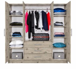Oak Wellington Bali 4 door wardrobe with doors open, showing the interior layout