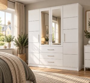 Bali 4 door wardrobe in White Matt in a bedroom, two mirrored centre doors over three drawers