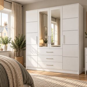 Bali 4 door wardrobe in White Matt in a bedroom, two mirrored centre doors over three drawers