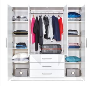 Bali 4 door wardrobe in White Matt with all doors open: central hanging rail over drawers, shelves both sides