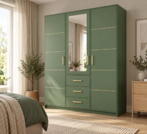 Bali II 3 door wardrobe in Bottle Green with gold trim and handles in a bedroom