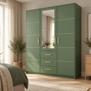 Bali II 3 door wardrobe in Bottle Green with gold trim and handles in a bedroom