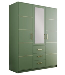 Bali II 3 door wardrobe in Bottle Green on a white background, mirrored centre door over three drawers