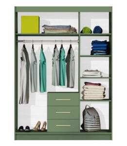 Inside the Bottle Green Bali II 3 door wardrobe: hanging rail, top shelf, drawers and a shelving column