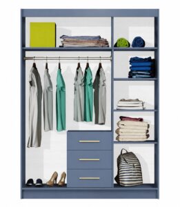 Interior layout of the Dull Blue Bali II 3 door wardrobe with clothes and folded items