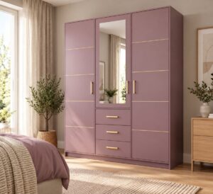 Bali II 3 door wardrobe in Plum with gold handles in a bedroom