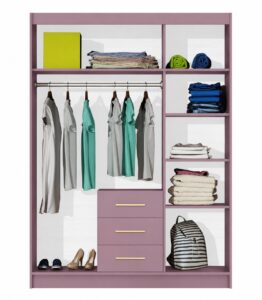 Interior layout of the Plum Bali II 3 door wardrobe showing rail, drawers and shelves