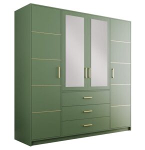 Bali II 4 door wardrobe in Bottle Green on a white background, two mirrors over three drawers