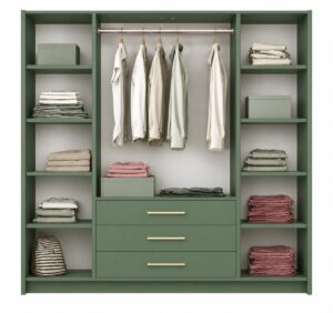 Inside the Bottle Green Bali II 4 door wardrobe: centre hanging rail over drawers, shelves both sides