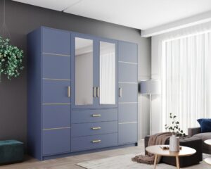 Bali II 4 door wardrobe in Dull Blue with gold handles in a modern living space