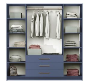 Interior layout of the Dull Blue Bali II 4 door wardrobe with clothes and folded items